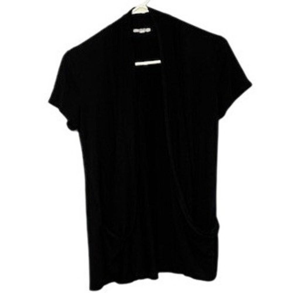 Short Sleeve Open Front Cardigan Black Lightweight Draped Jersey Knit Top Womens